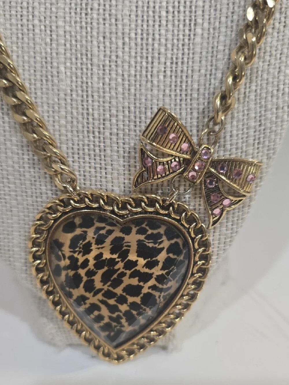 Betsey Johnson Gold-Tone Heart Necklace with Leopard Print and Pink Bow